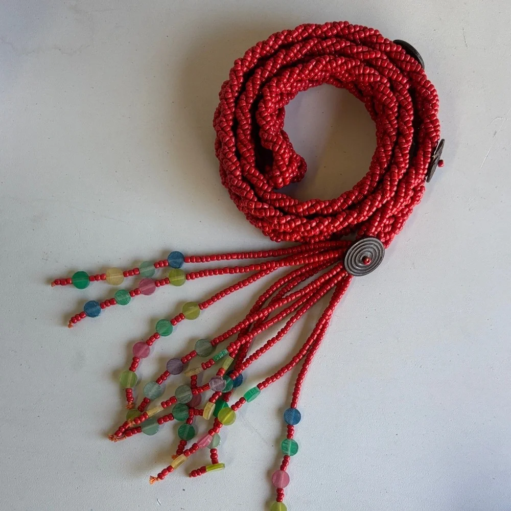 Coral Red Braided Beaded Red Rope Belt
